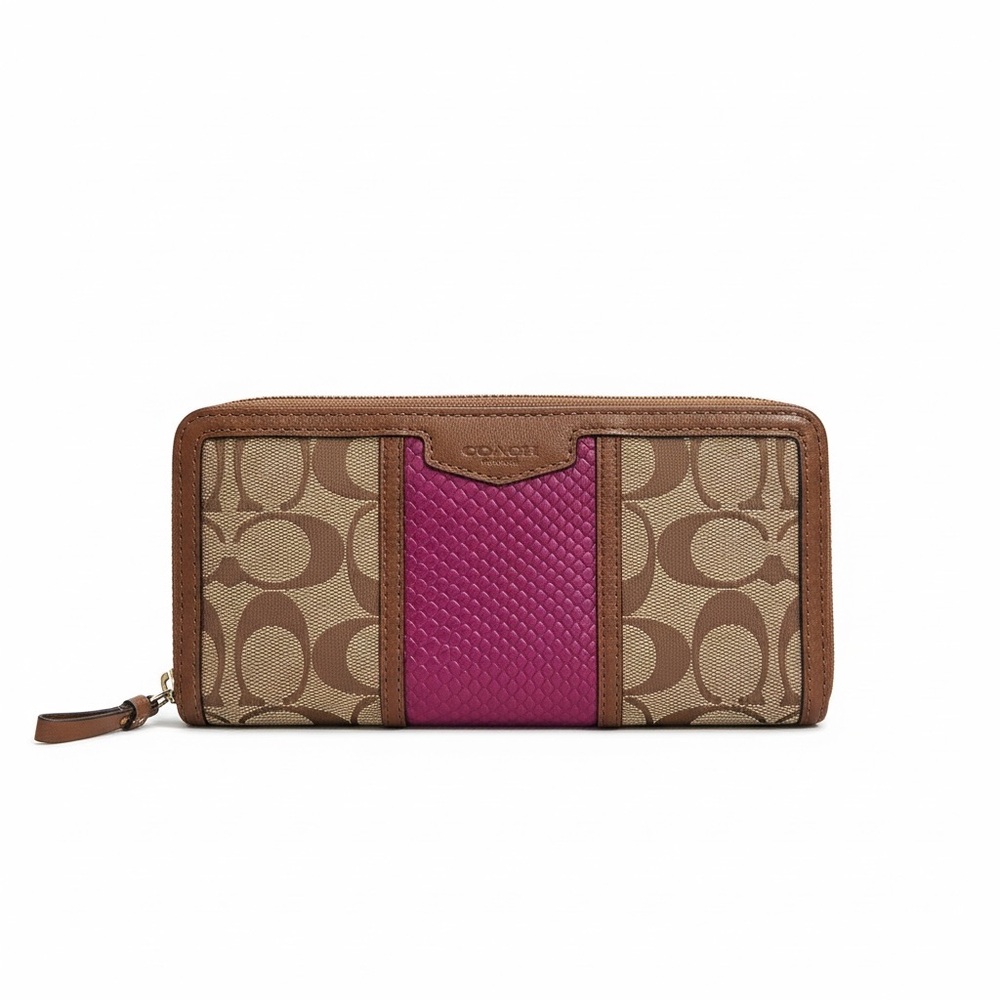 Coach Signature Wallet Pink Python Stripe Zip Around Brown Canvas Leather - Picture 1 of 5